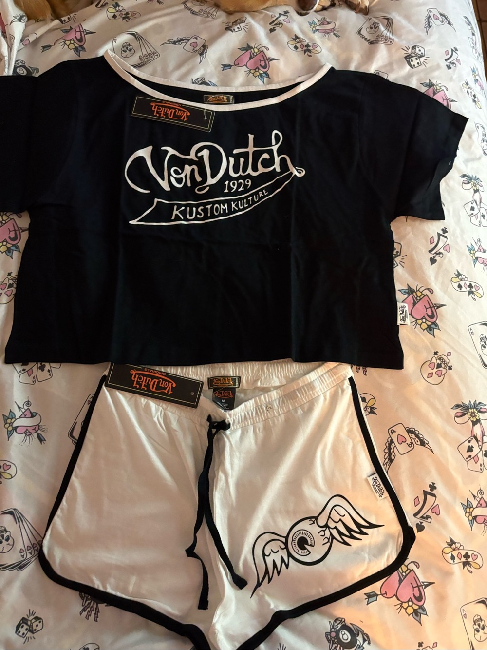 Von Dutch Black & White Logo Shoulder Tee and Shorts Set